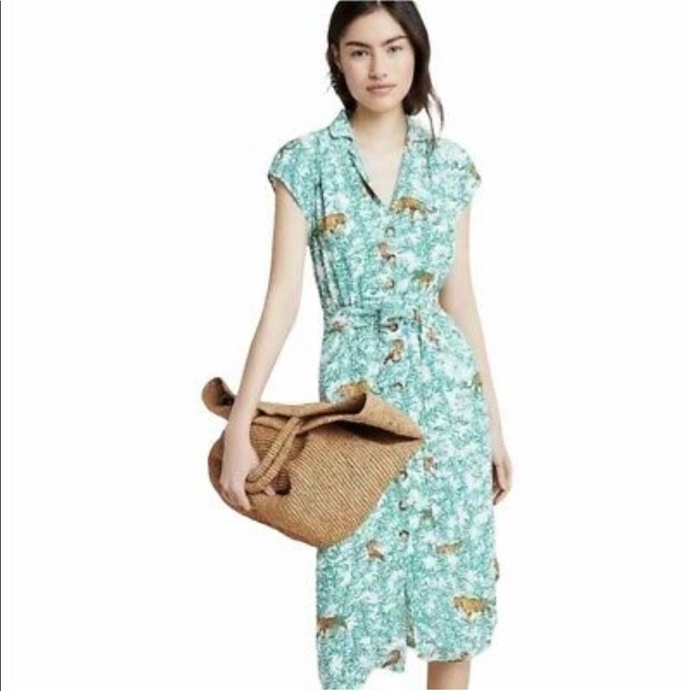 Anthropologie Green Print Button-Front Dress